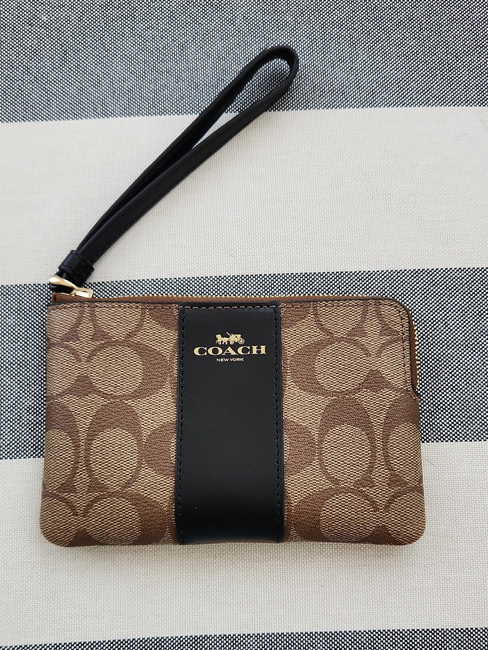 Coach Brown Signature Canvas Wristlet with Black Trim